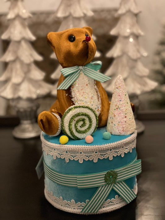 13”h x 7.5”w bear on blue cake. Bear on gift box. Christmas. Tree toper. Ornament. Tabletop. Baby shower. Baby.