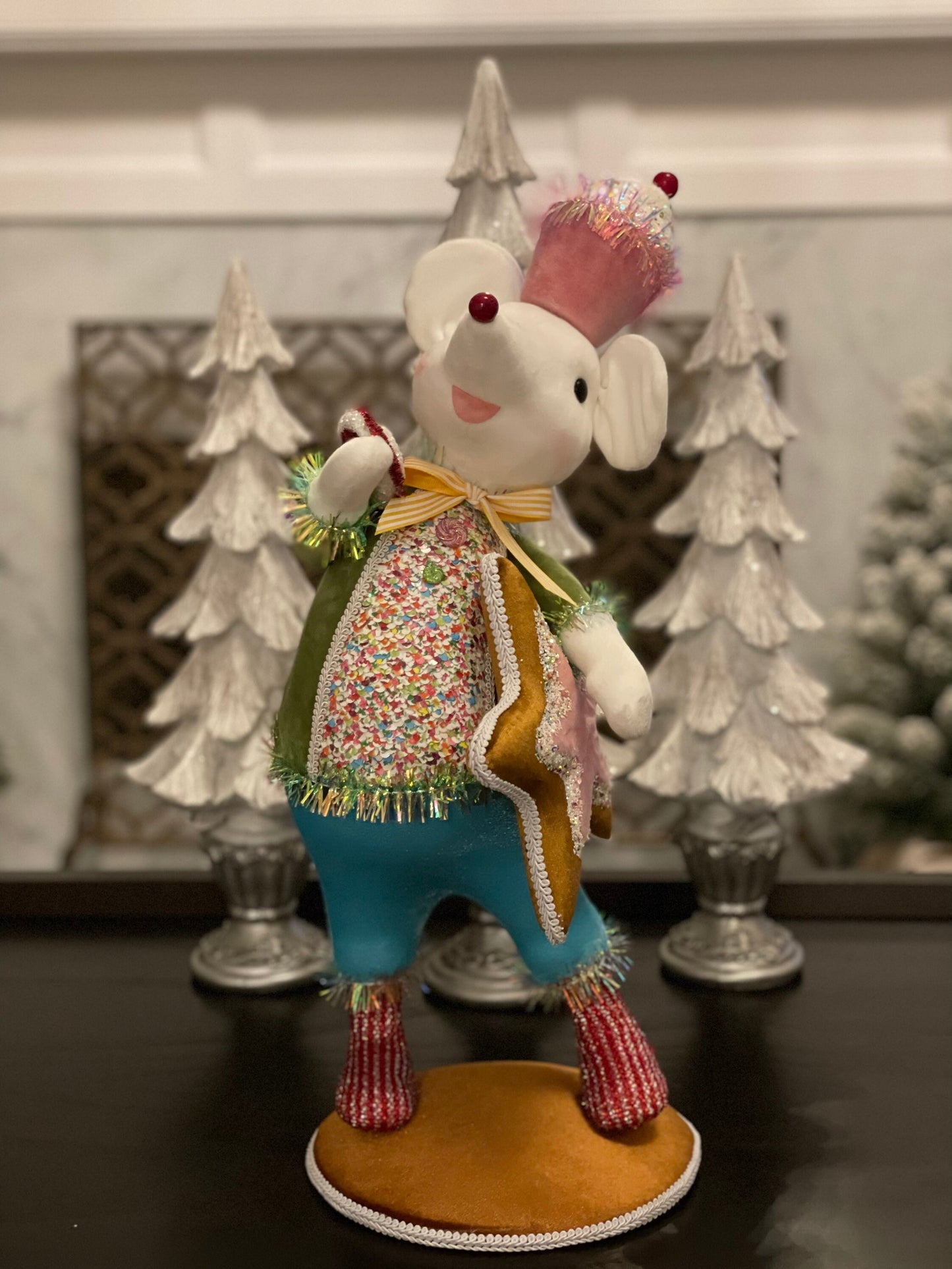 22” H Candy Mouse with green jacket and blue pants.
