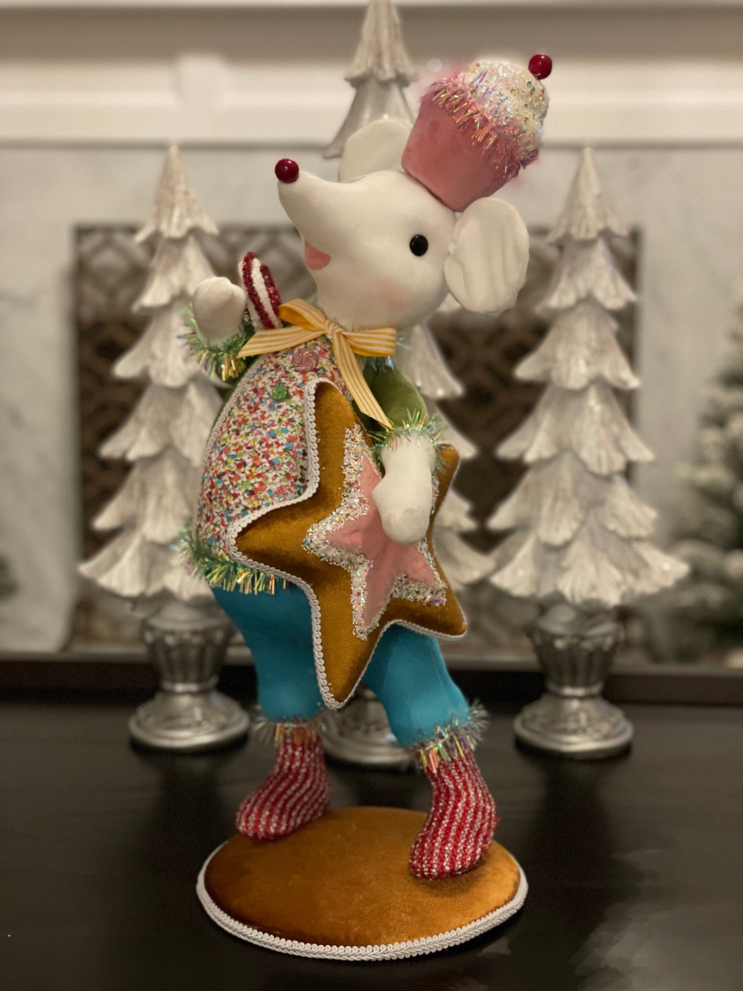 22” H Candy Mouse with green jacket and blue pants.