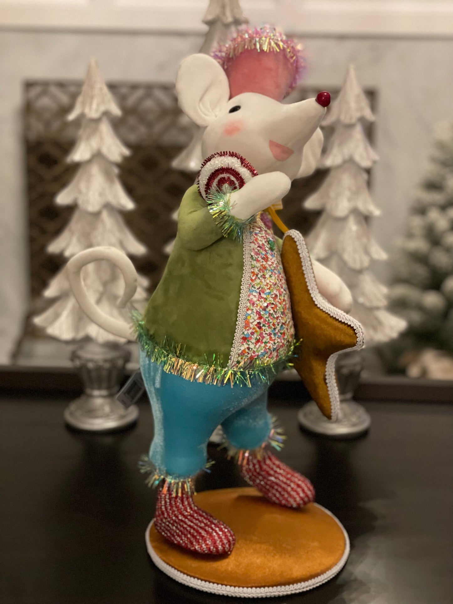 22” H Candy Mouse with green jacket and blue pants.
