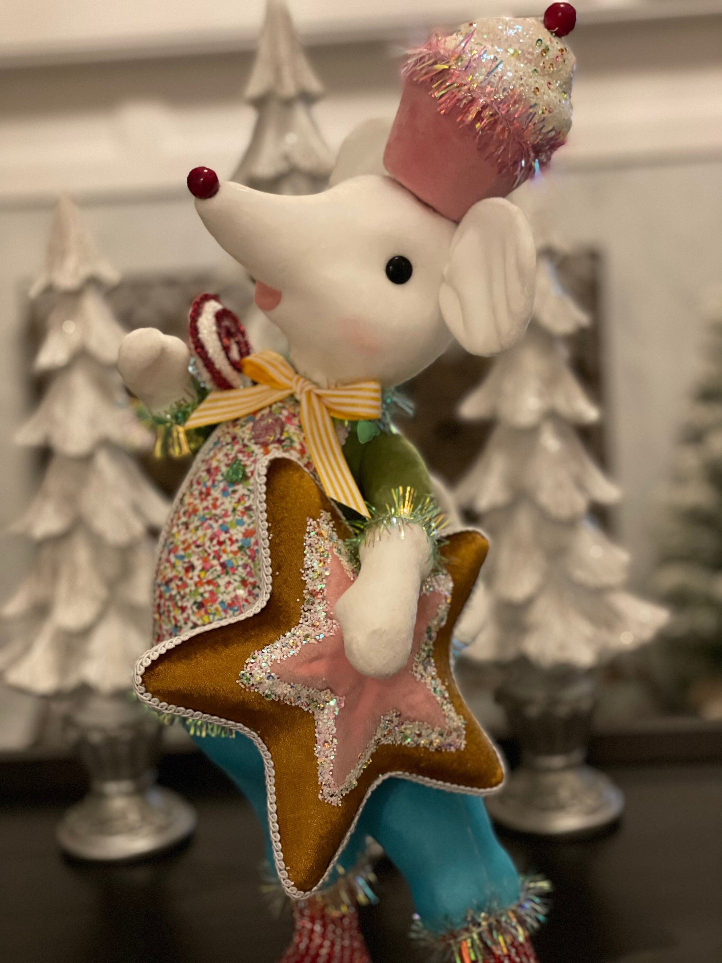 22” H Candy Mouse with green jacket and blue pants.