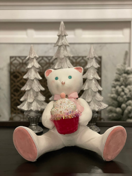 14.5”h x 13” w bear holding a cupcake. Christmas. Ornament. Tabletop. Display.