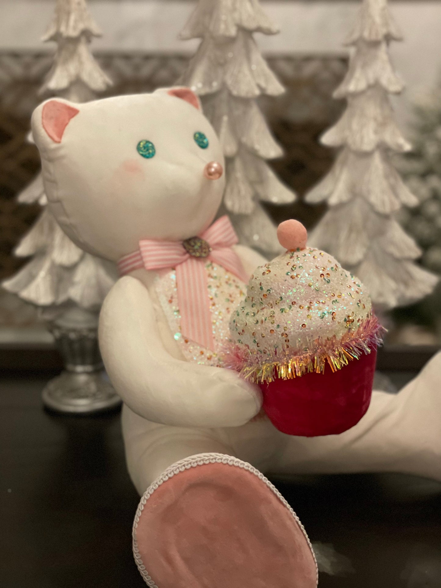14.5”h x 13” w bear holding a cupcake. Christmas. Ornament. Tabletop. Display.