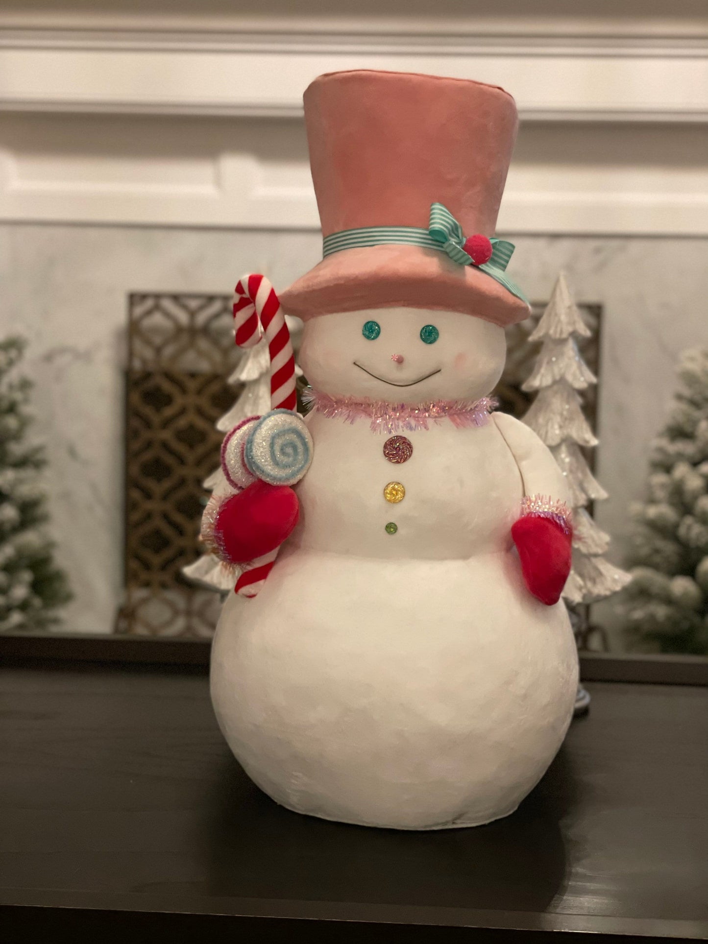 24”h x 13.4” w Snowman with pink hat holding a candy cane. Christmas. Ornament. Tabletop. Display.