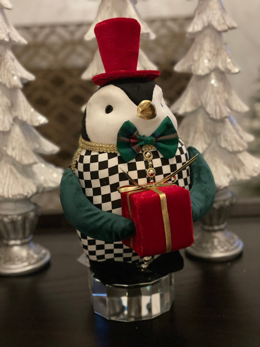 13” H x 8 W. Penguin green checkered ornament. Green, red, white and black. Christmas.