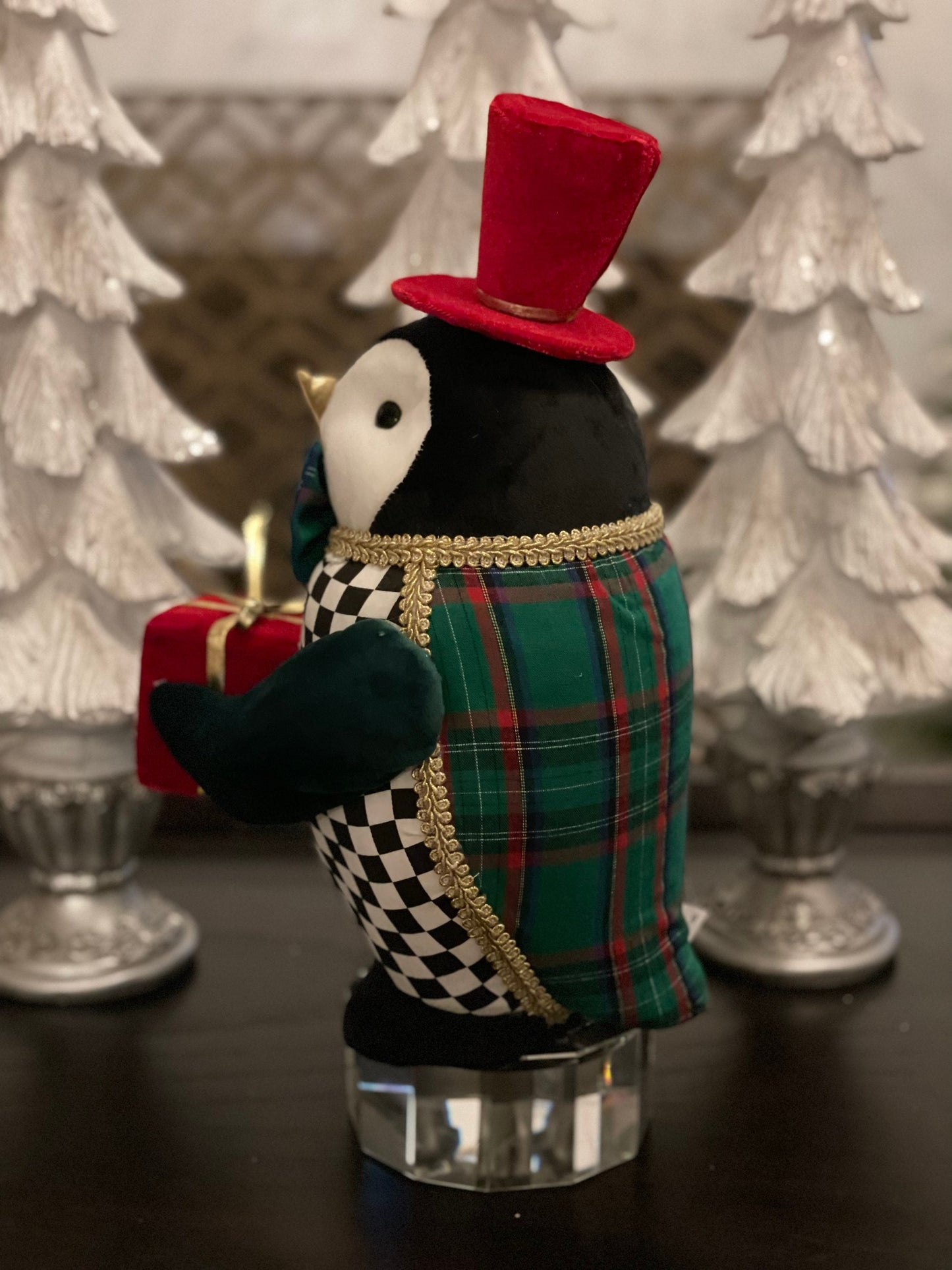 13” H x 8 W. Penguin green checkered ornament. Green, red, white and black. Christmas.