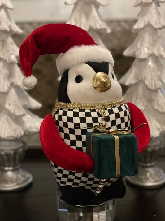 13” H x 8 W. Penguin red checkered ornament. Green, red, white and black. Christmas.