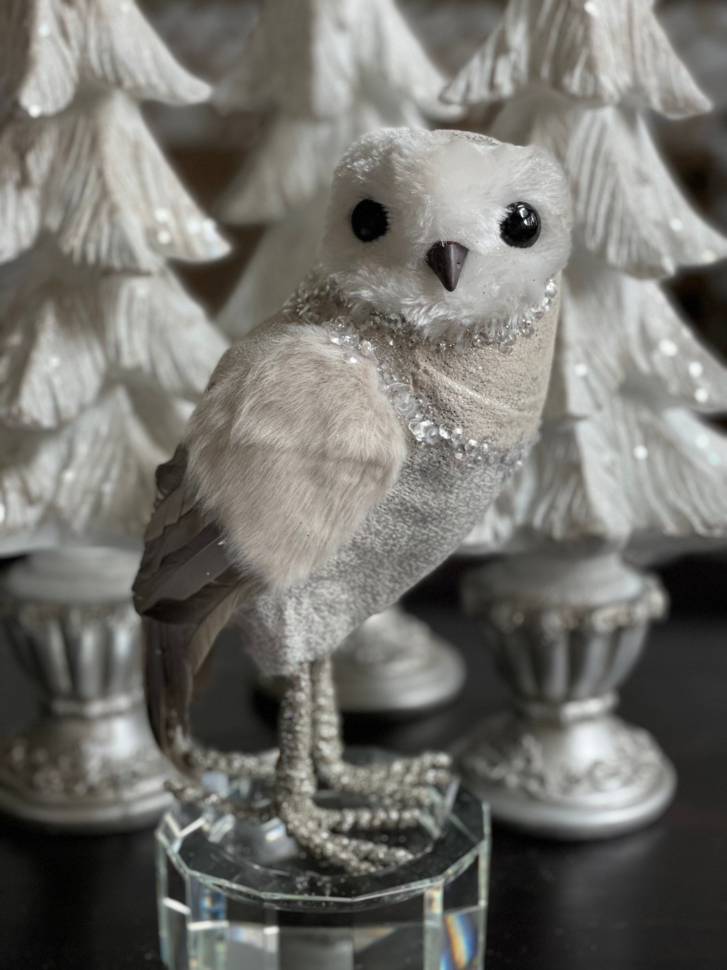 9” jewel Owl ornament. White silver.