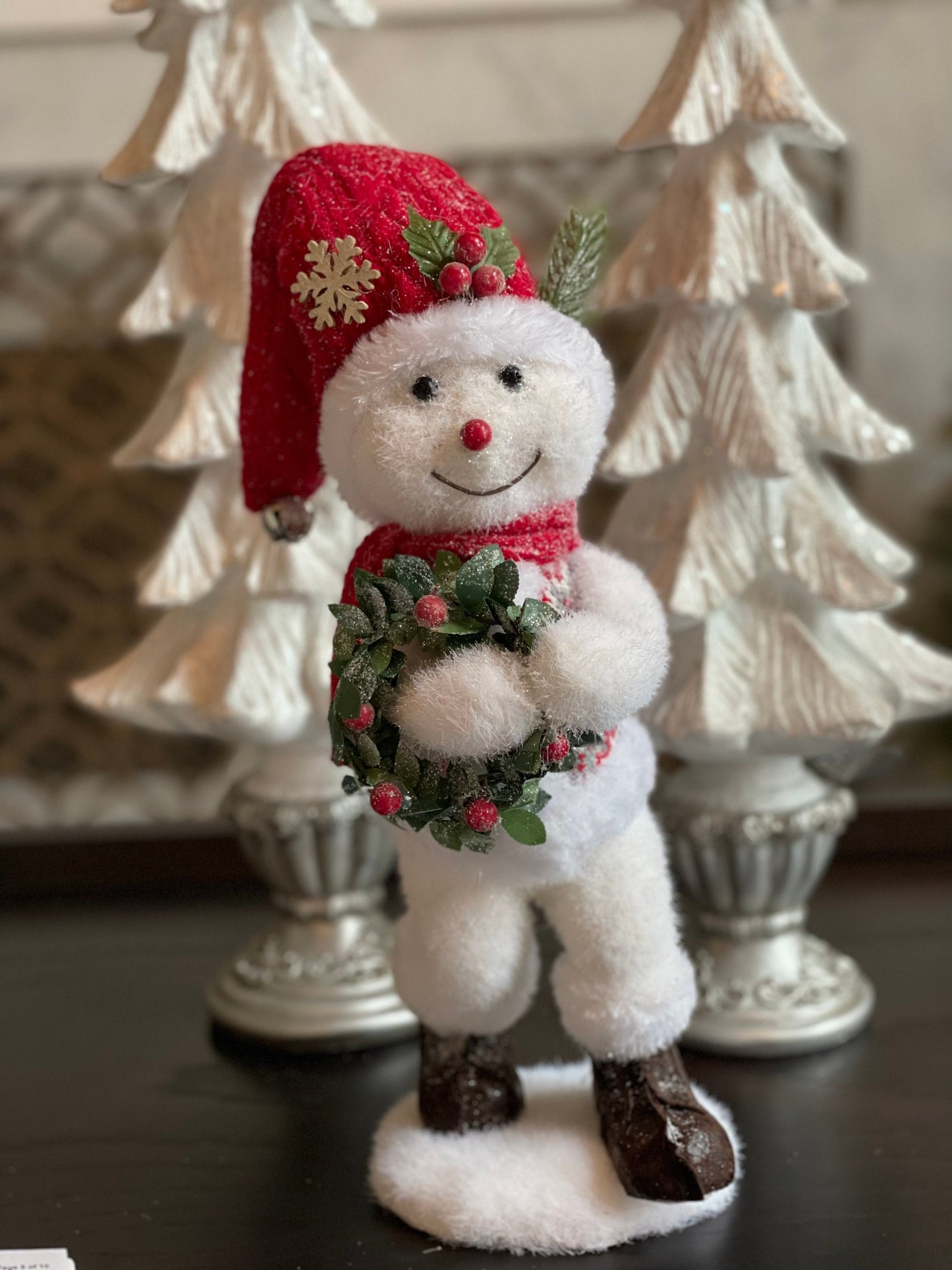 19.5” frosted snowman holly wreath tabletop ornament