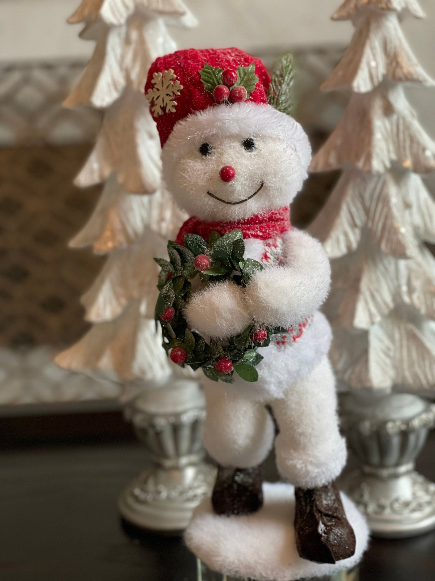 19.5” frosted snowman holly wreath tabletop ornament