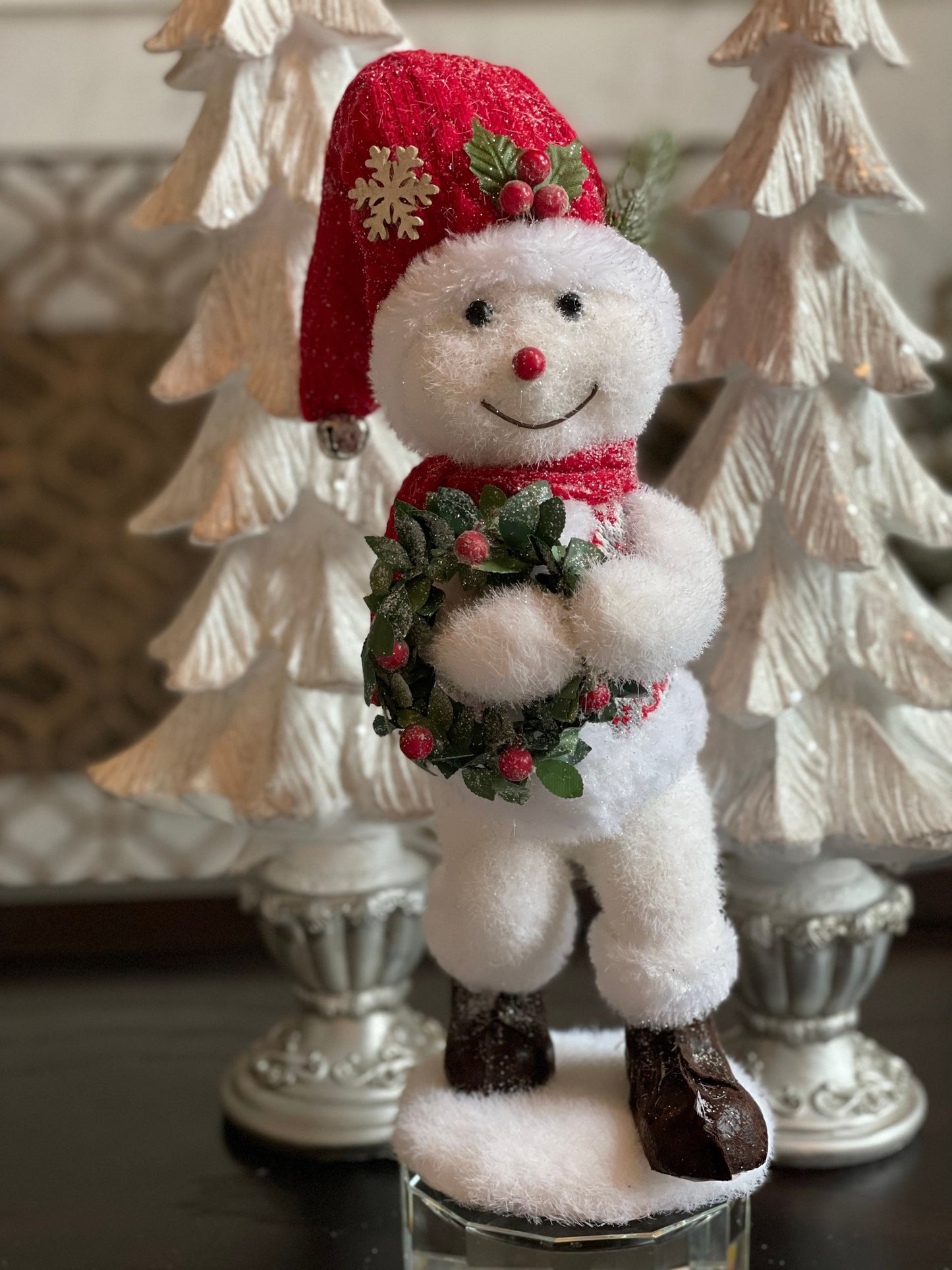 19.5” frosted snowman holly wreath tabletop ornament