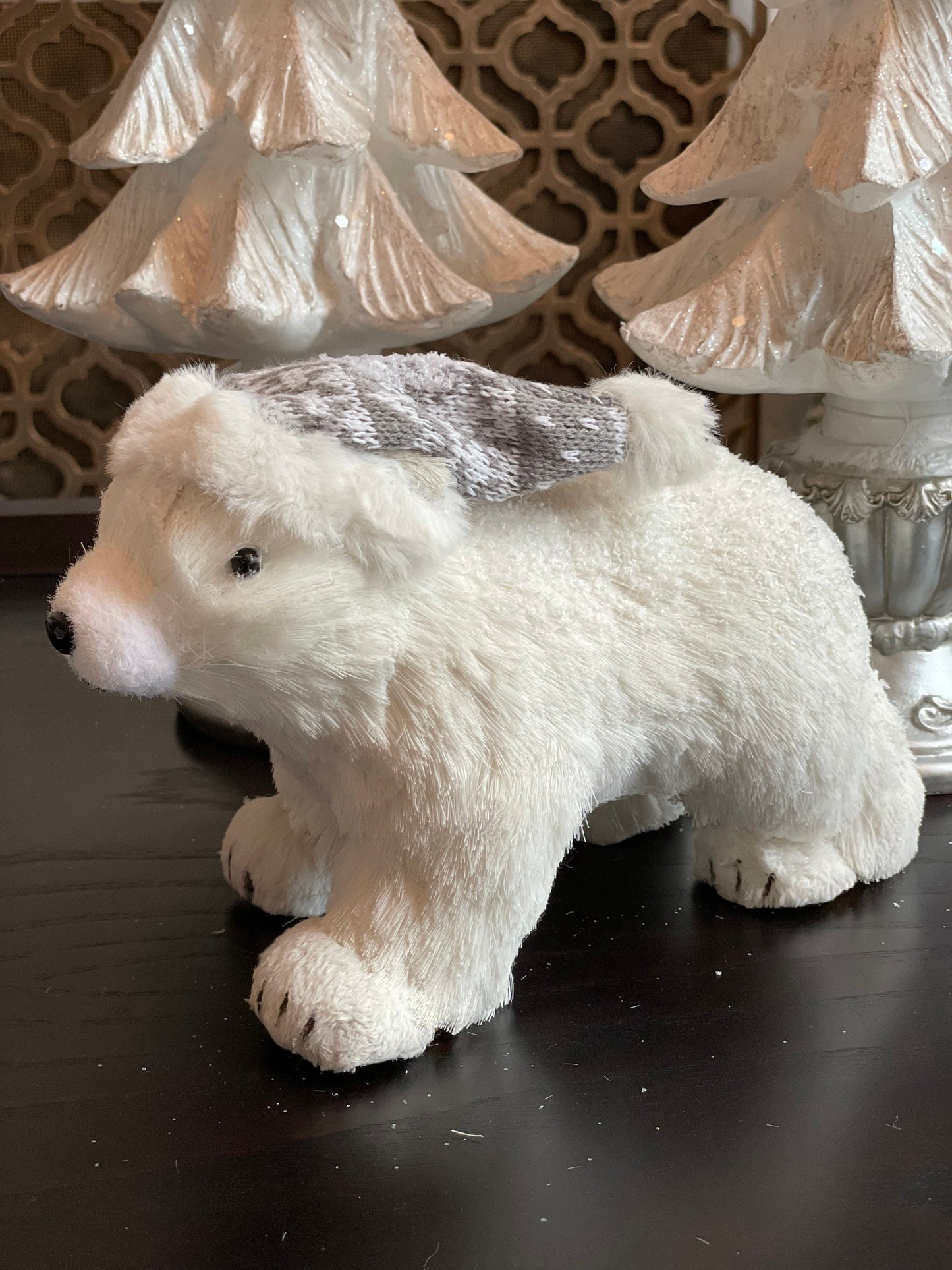 9.5” Polar bear with hat ornament. Christmas.