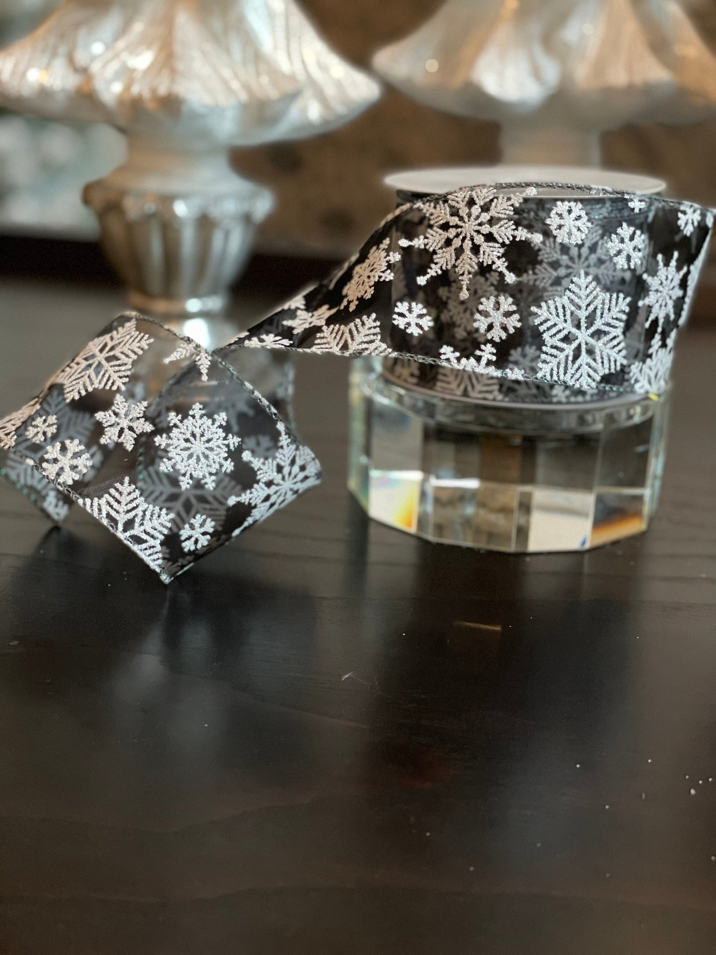 2.5” x 10 yd sheer snowflake wired ribbon. Gray.*