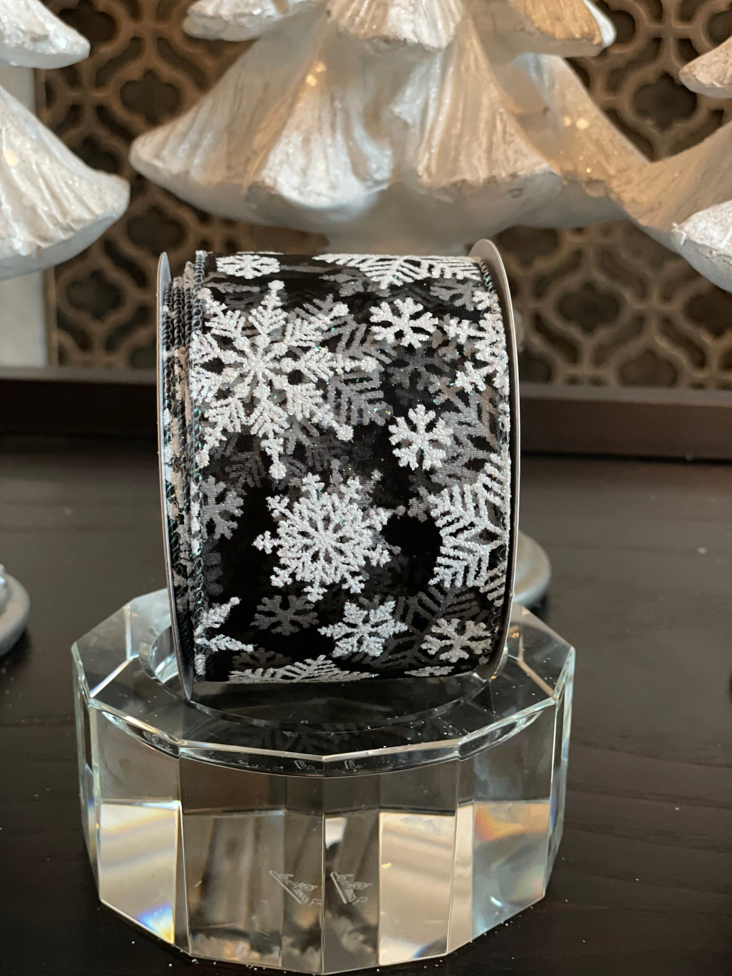 2.5” x 10 yd sheer snowflake wired ribbon. Gray.*