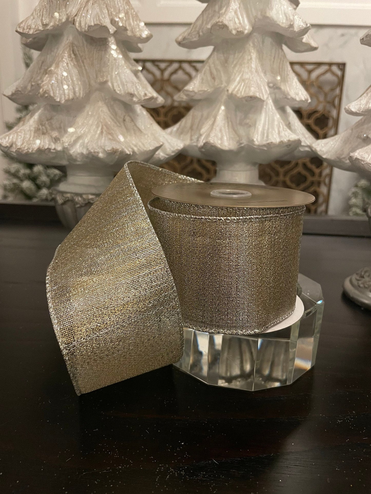 2.5” x 10 yd metallic ribbon wired. Platinum.*