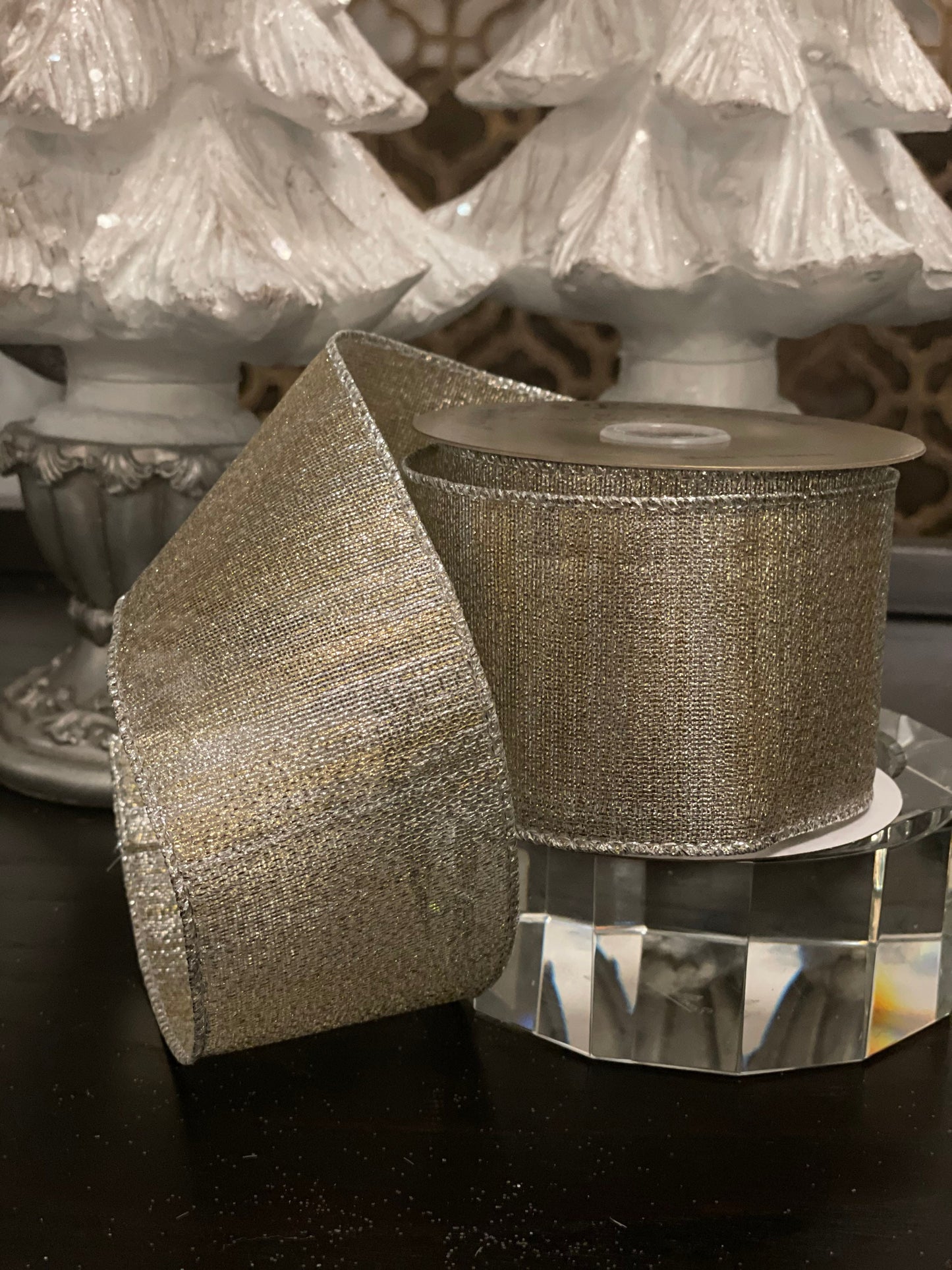 2.5” x 10 yd metallic ribbon wired. Platinum.*