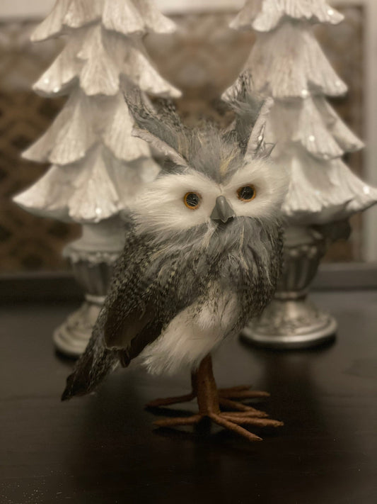 8.5” Owl ornament. White, gray, brown.