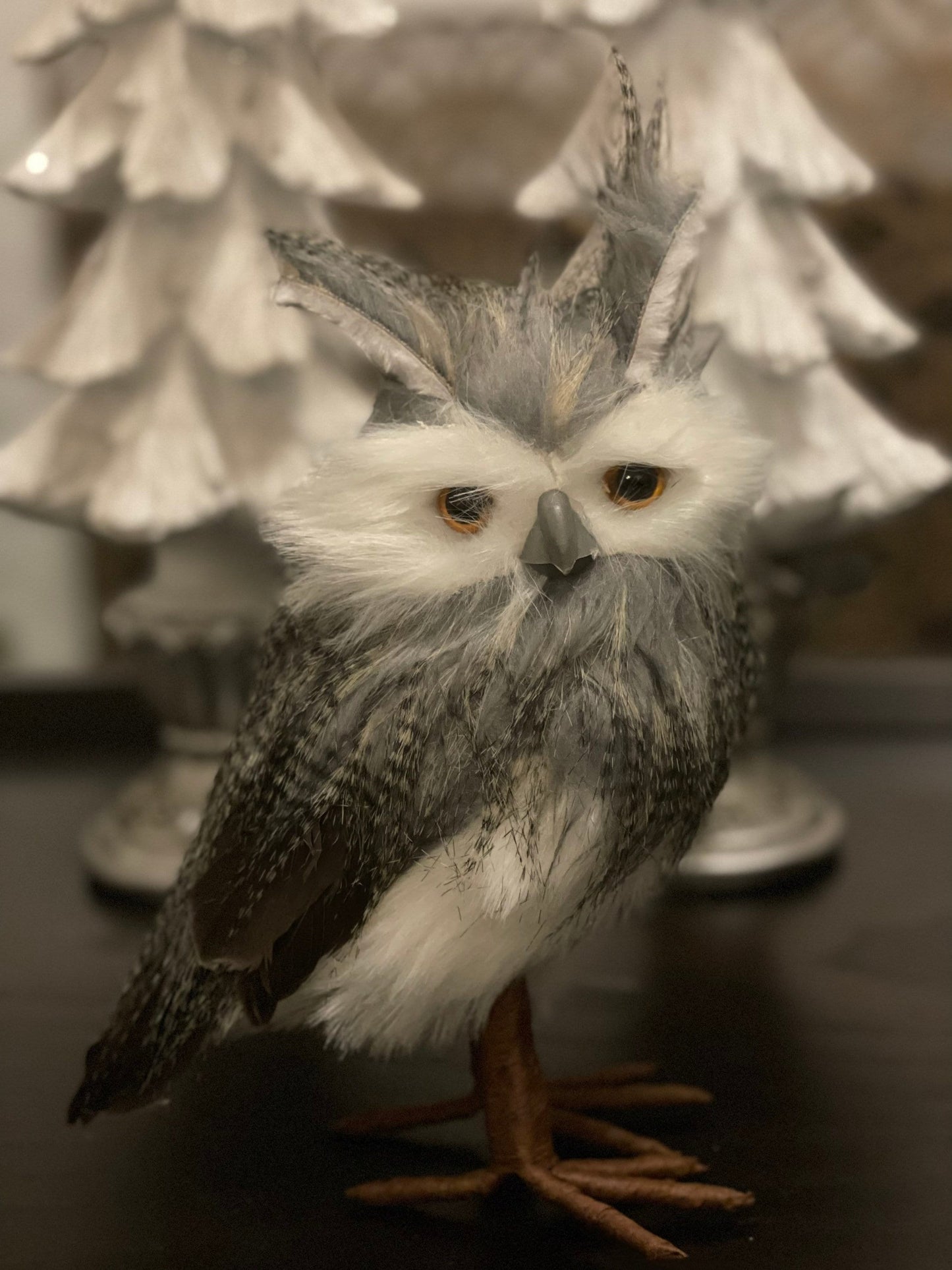 8.5” Owl ornament. White, gray, brown.