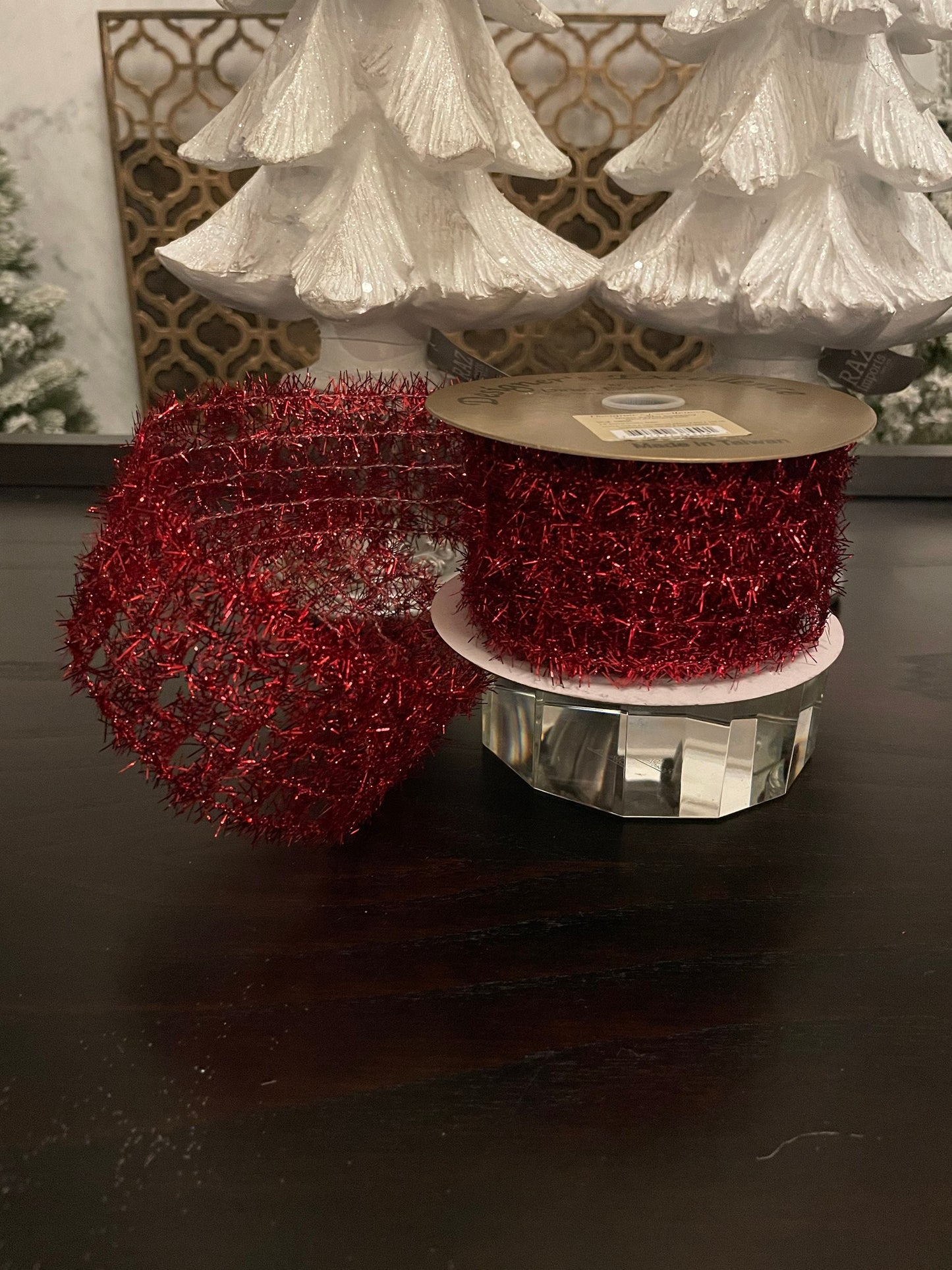 2.5” x 10 yd tinsel ribbon wired. Red.