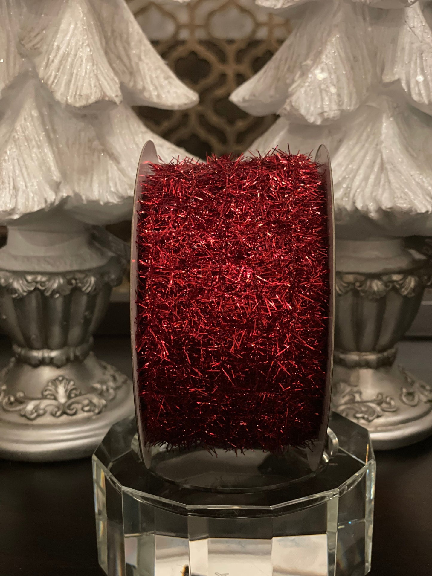 2.5” x 10 yd tinsel ribbon wired. Red.