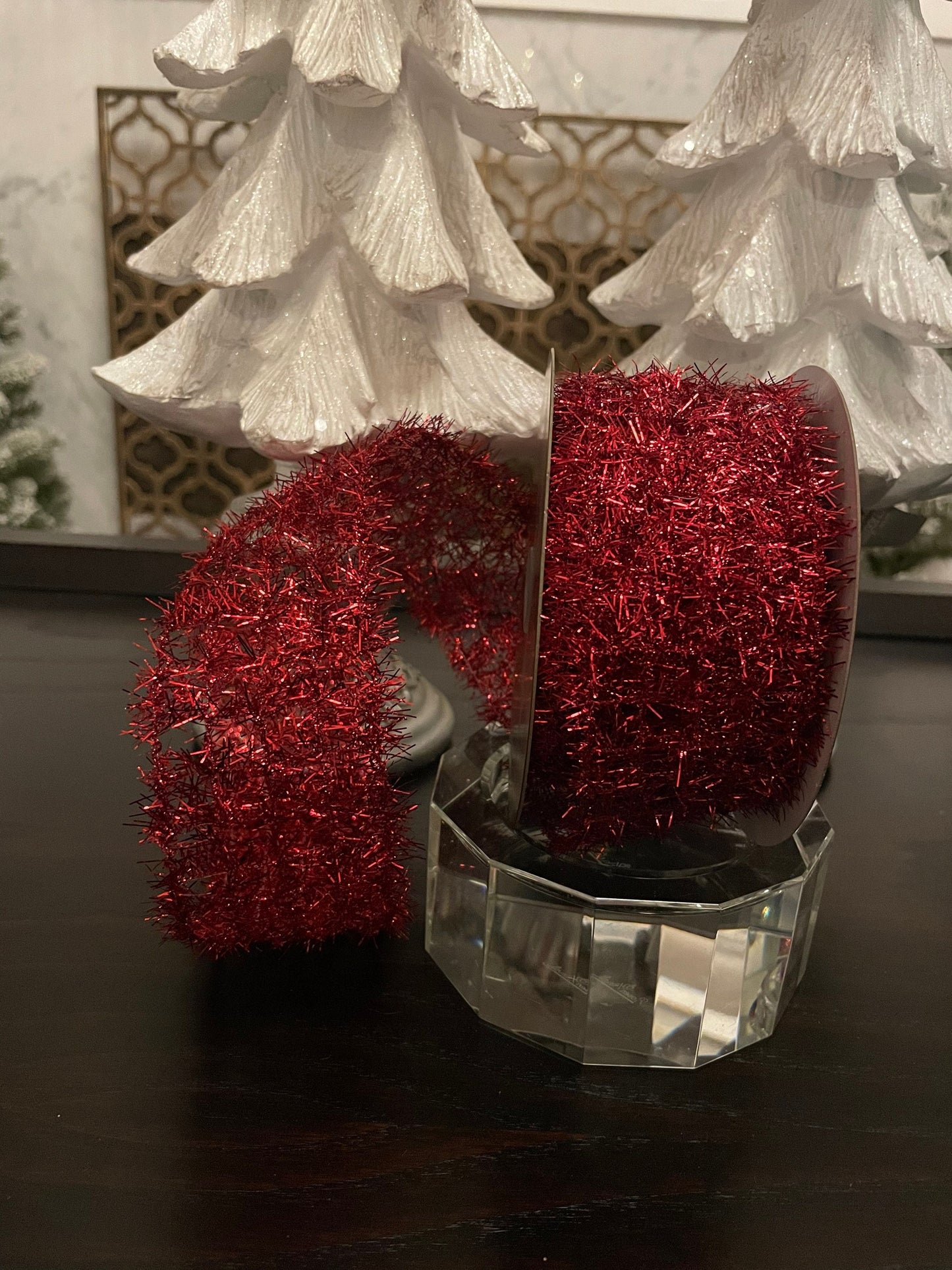 2.5” x 10 yd tinsel ribbon wired. Red.