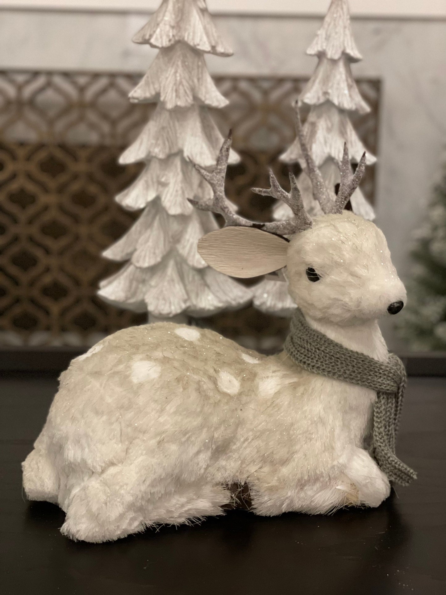 14.5 inch Deer with scarf sitting tabletop ornament. Christmas.