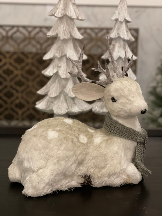 14.5 inch Deer with scarf sitting tabletop ornament. Christmas.