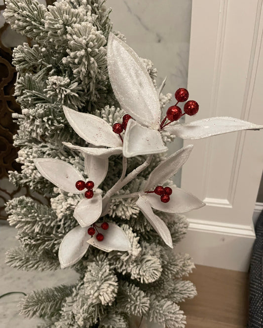 22” velvet glitter holly stem spray. Set of 3.*