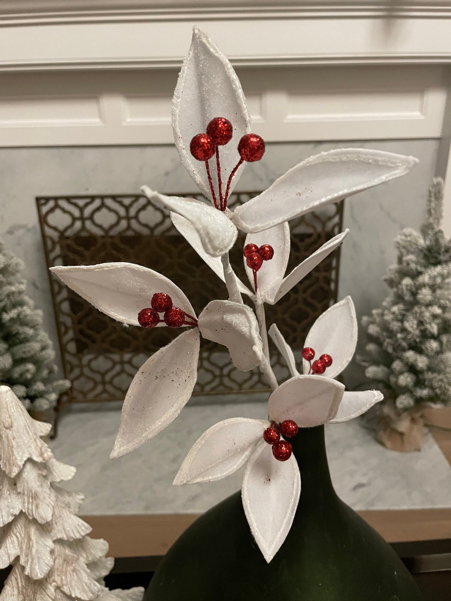 22” velvet glitter holly stem spray. Set of 3.*