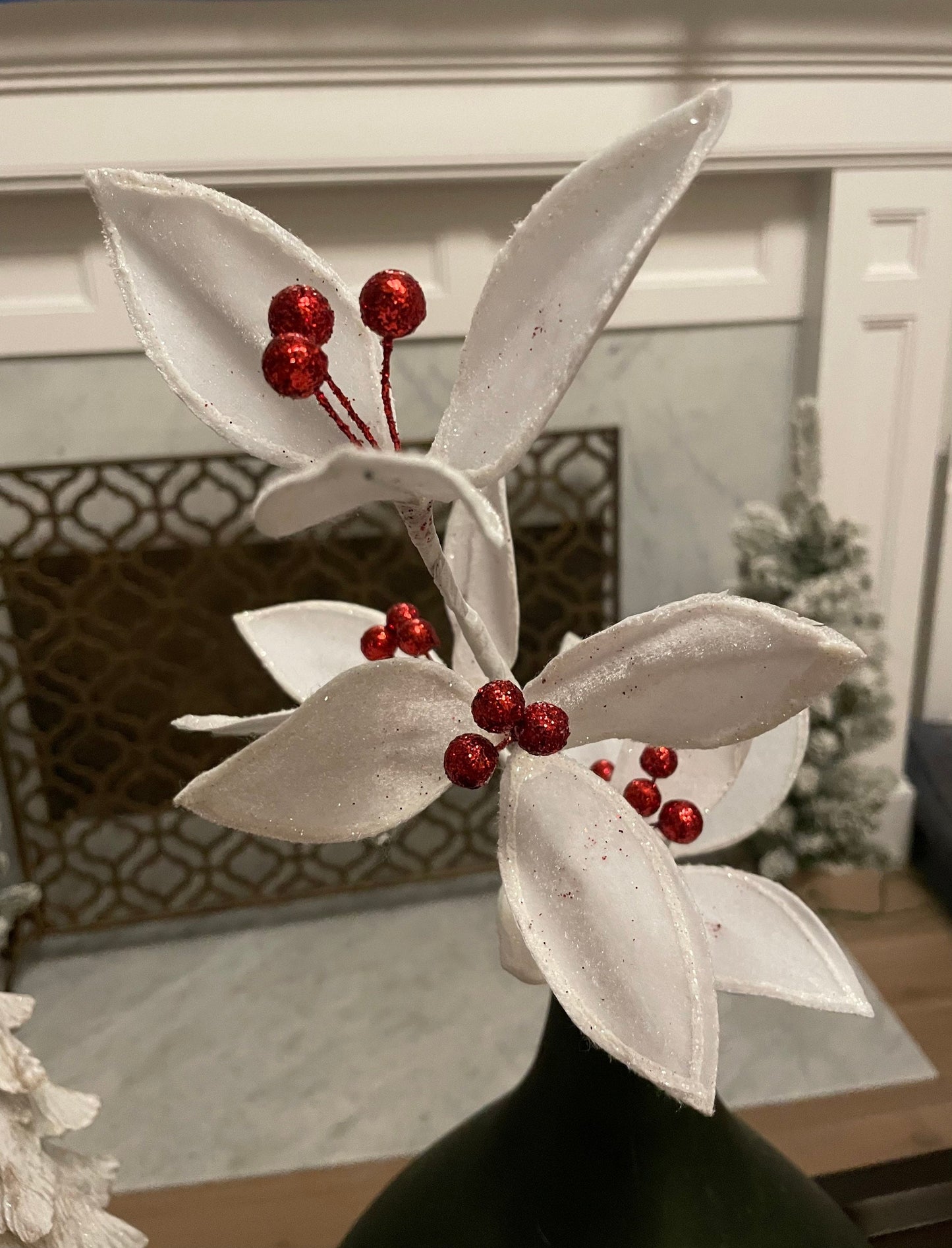 22” velvet glitter holly stem spray. Set of 3.*