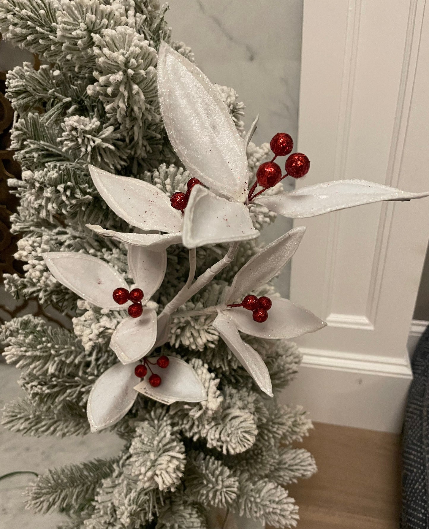 22” velvet glitter holly stem spray. Set of 3.*