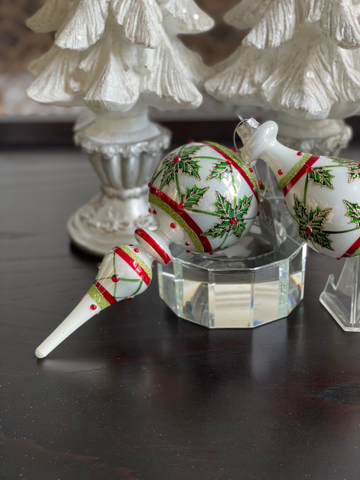 10” Holly leaf finial ornament. Glass. Set of 2.*