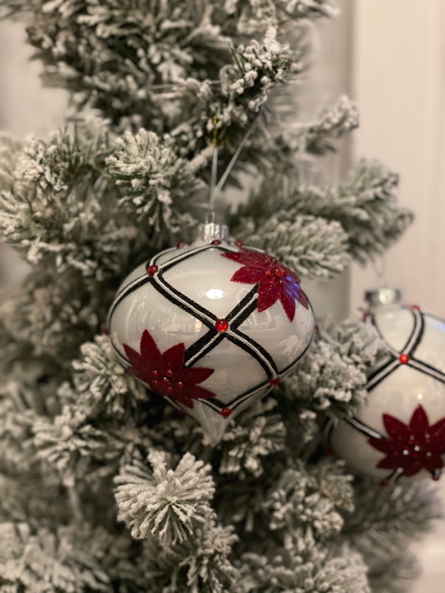 4" Poinsettia and diamond point glass ornaments set of 3. Ball, onion and finial.
