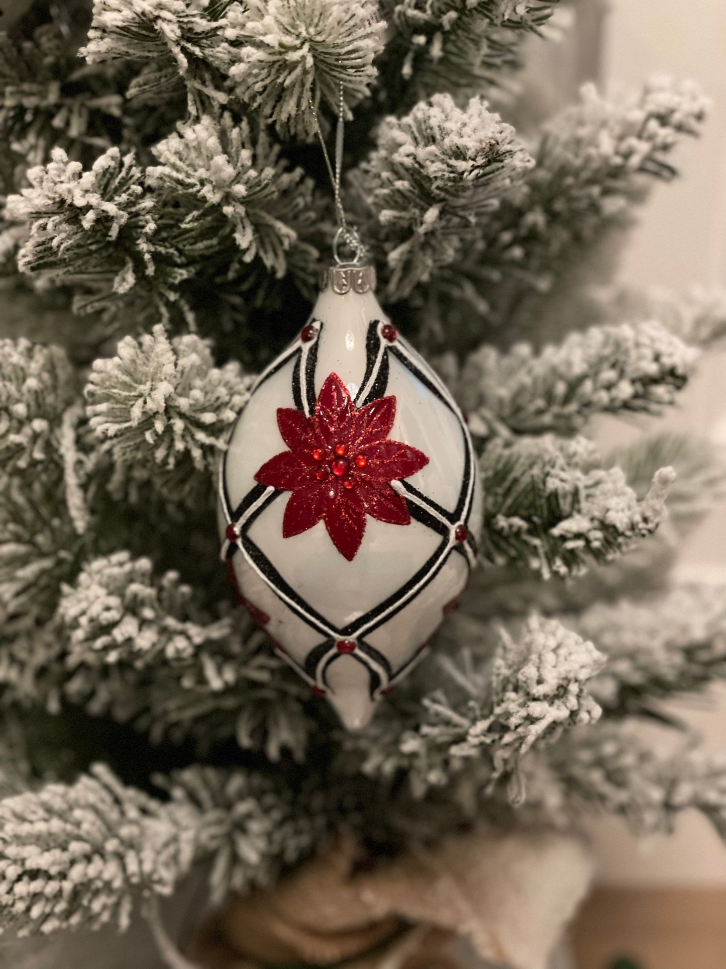 4" Poinsettia and diamond point glass ornaments set of 3. Ball, onion and finial.