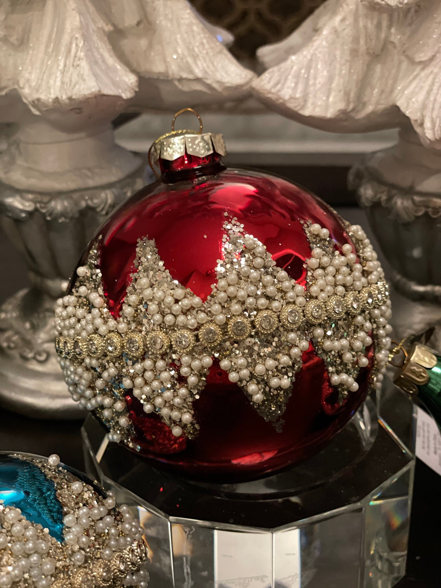 4" Jewel tone beaded glass ornaments set of 3. Ball, onion and finial.*