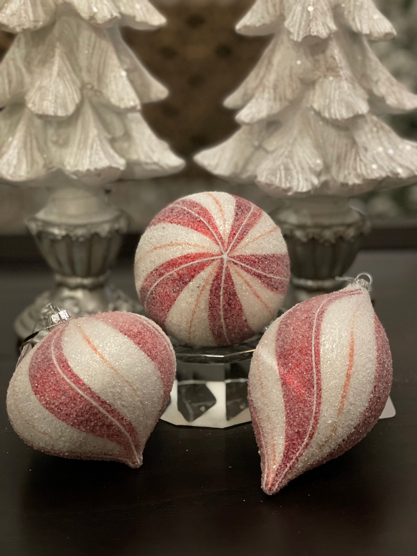 4" Peppermint stripe frosted glass ornaments set of 3. Ball, onion and finial.*