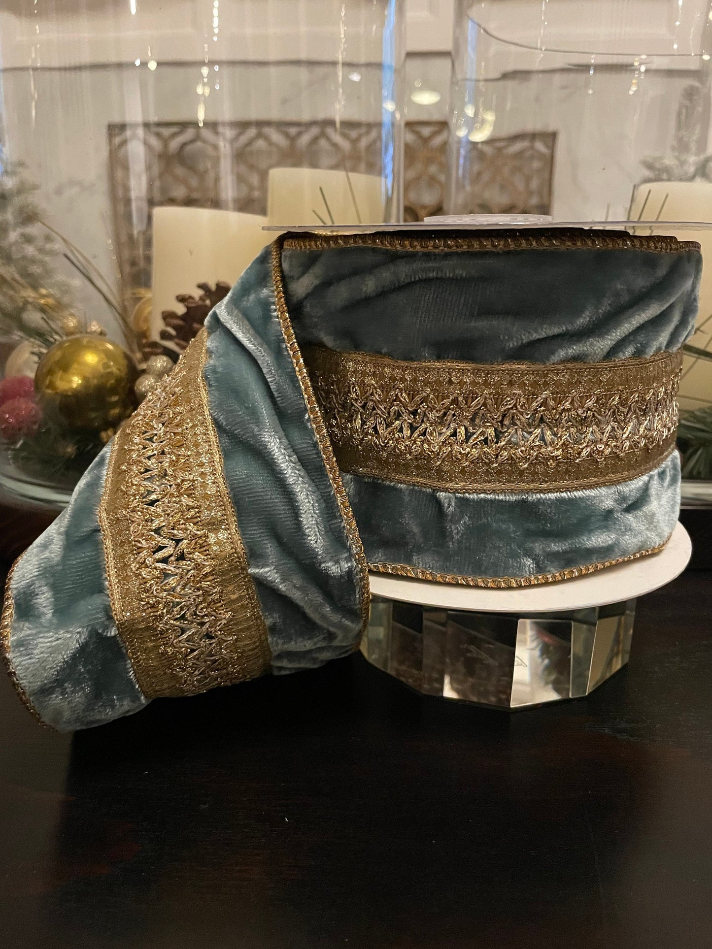4"x5 yard velvet aqua and gold ribbon. Platinum rose trim. Wired. Designer ribbon.