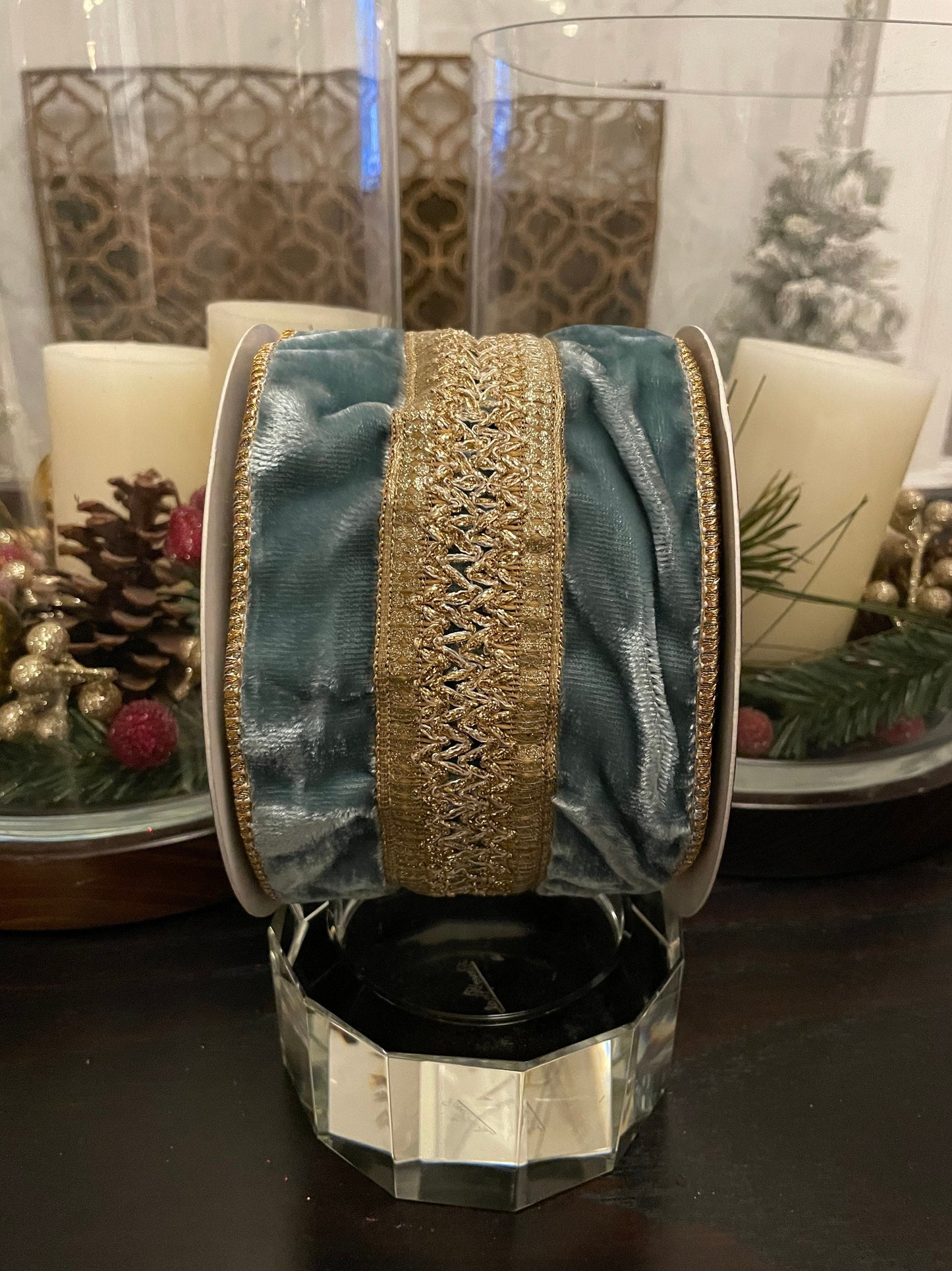 4"x5 yard velvet aqua and gold ribbon. Platinum rose trim. Wired. Designer ribbon.