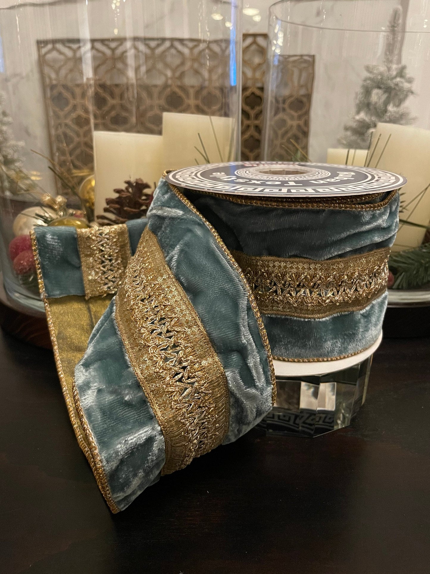 4"x5 yard velvet aqua and gold ribbon. Platinum rose trim. Wired. Designer ribbon.