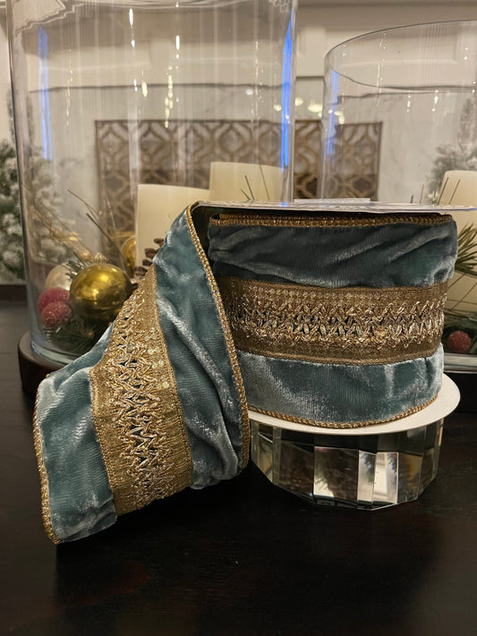 4"x5 yard velvet aqua and gold ribbon. Platinum rose trim. Wired. Designer ribbon.