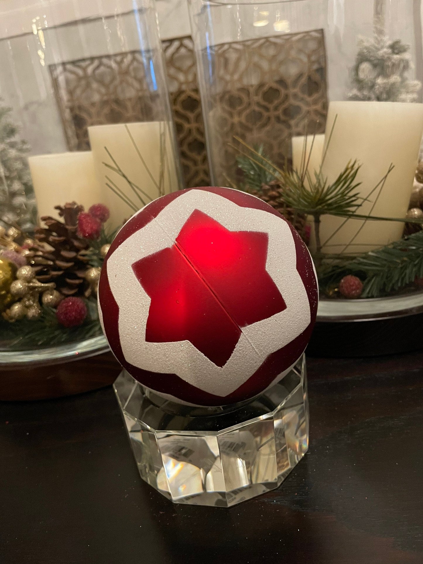 120 mm shatterproof chevron ball ornament. Red and white. Candy theme.*