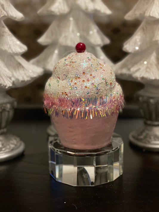 7” Light pink Cupcake with sprinkles ornament. One Light Pink cupcake only.
