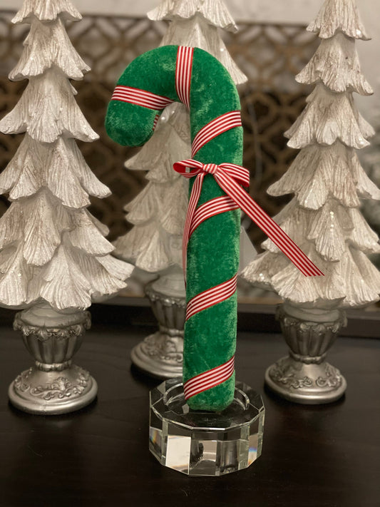 14"peppermint ribbon candy cane ornament. Green