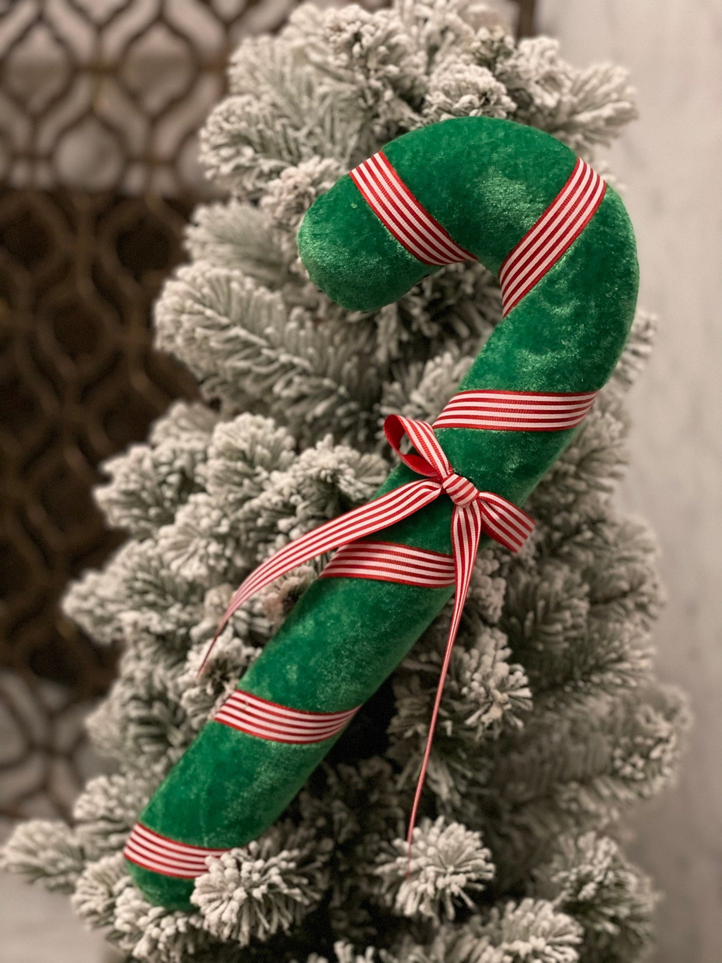 14"peppermint ribbon candy cane ornament. Green