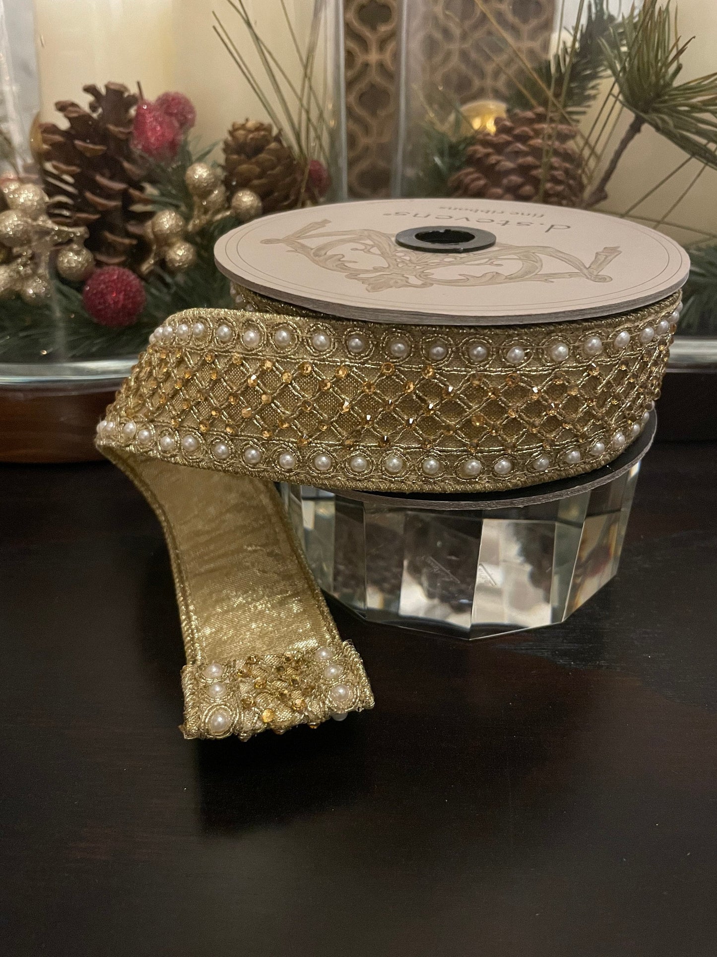 Designer wired trellis trim ribbon with golden back. 1.5” x 5 yards. Gorgeous!*