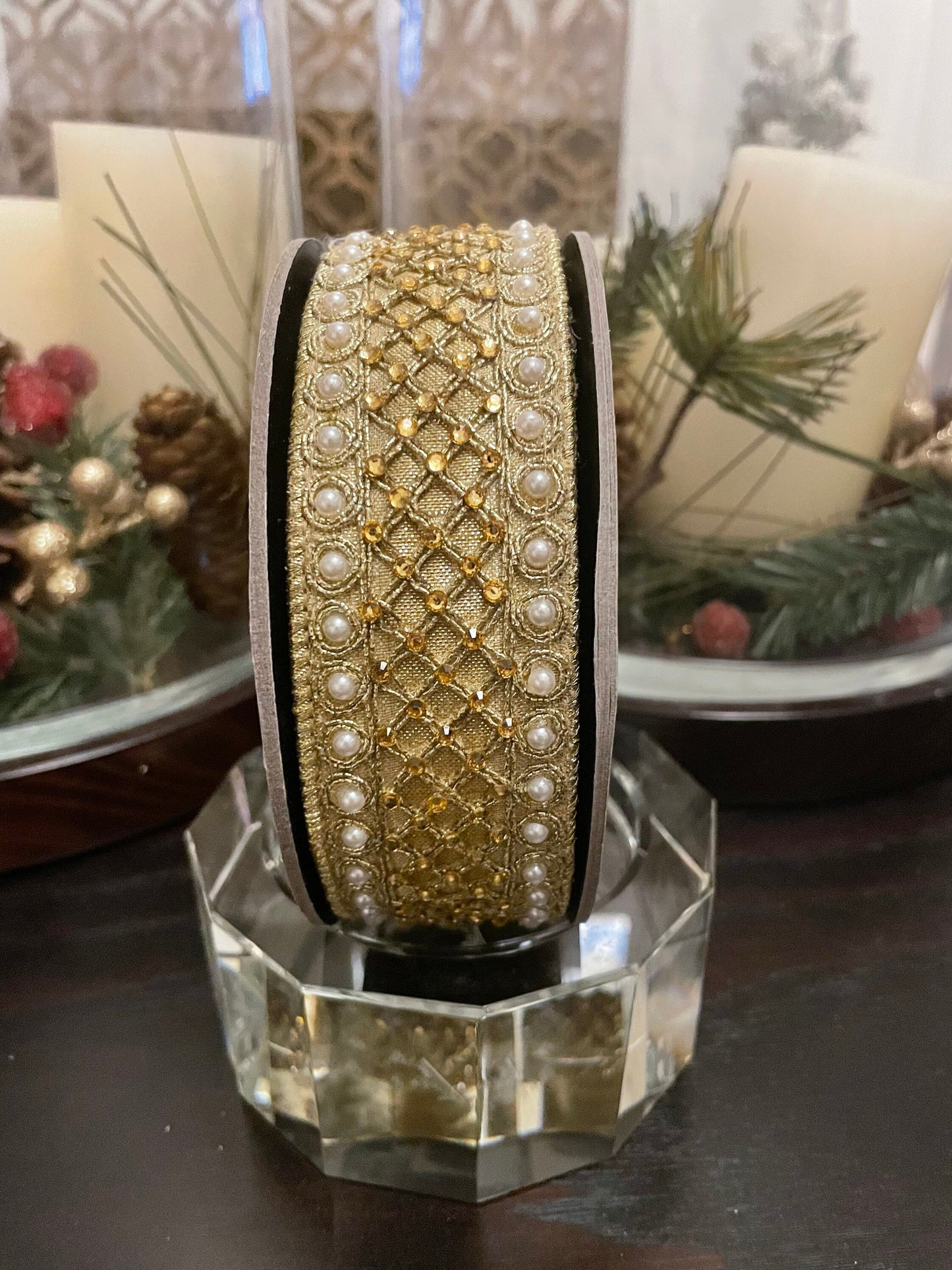Designer wired trellis trim ribbon with golden back. 1.5” x 5 yards. Gorgeous!*