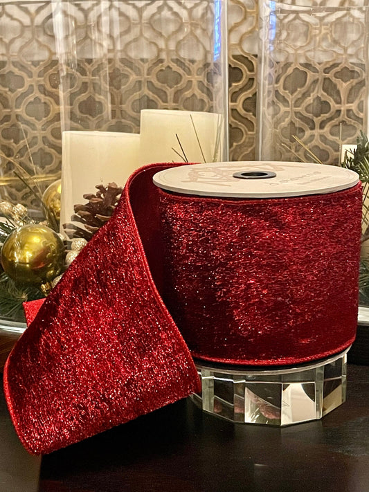 Designer metallic velvet red ribbon. 4”x 10 yards. Wired.*