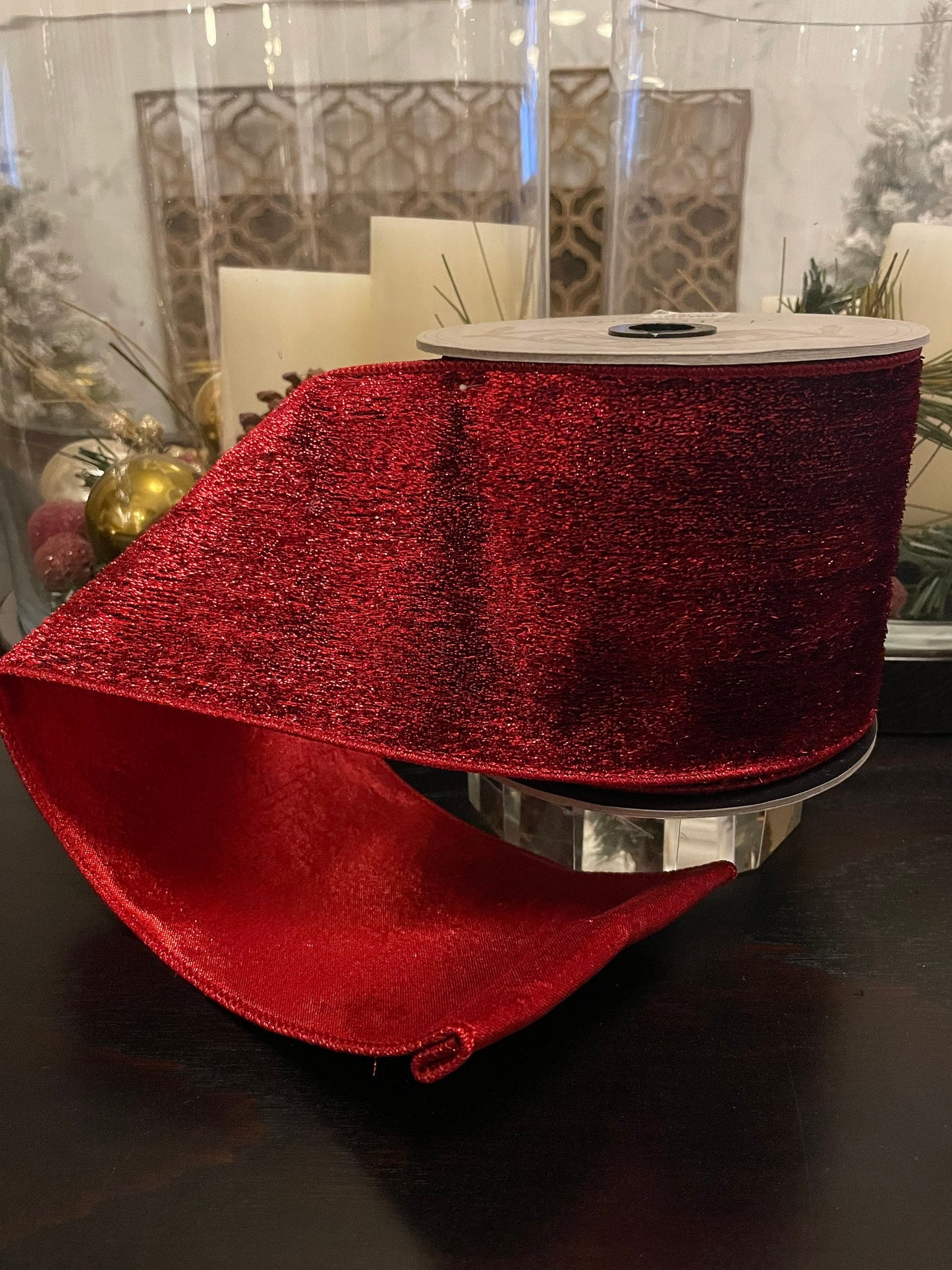 Designer metallic velvet red ribbon. 4”x 10 yards. Wired.*