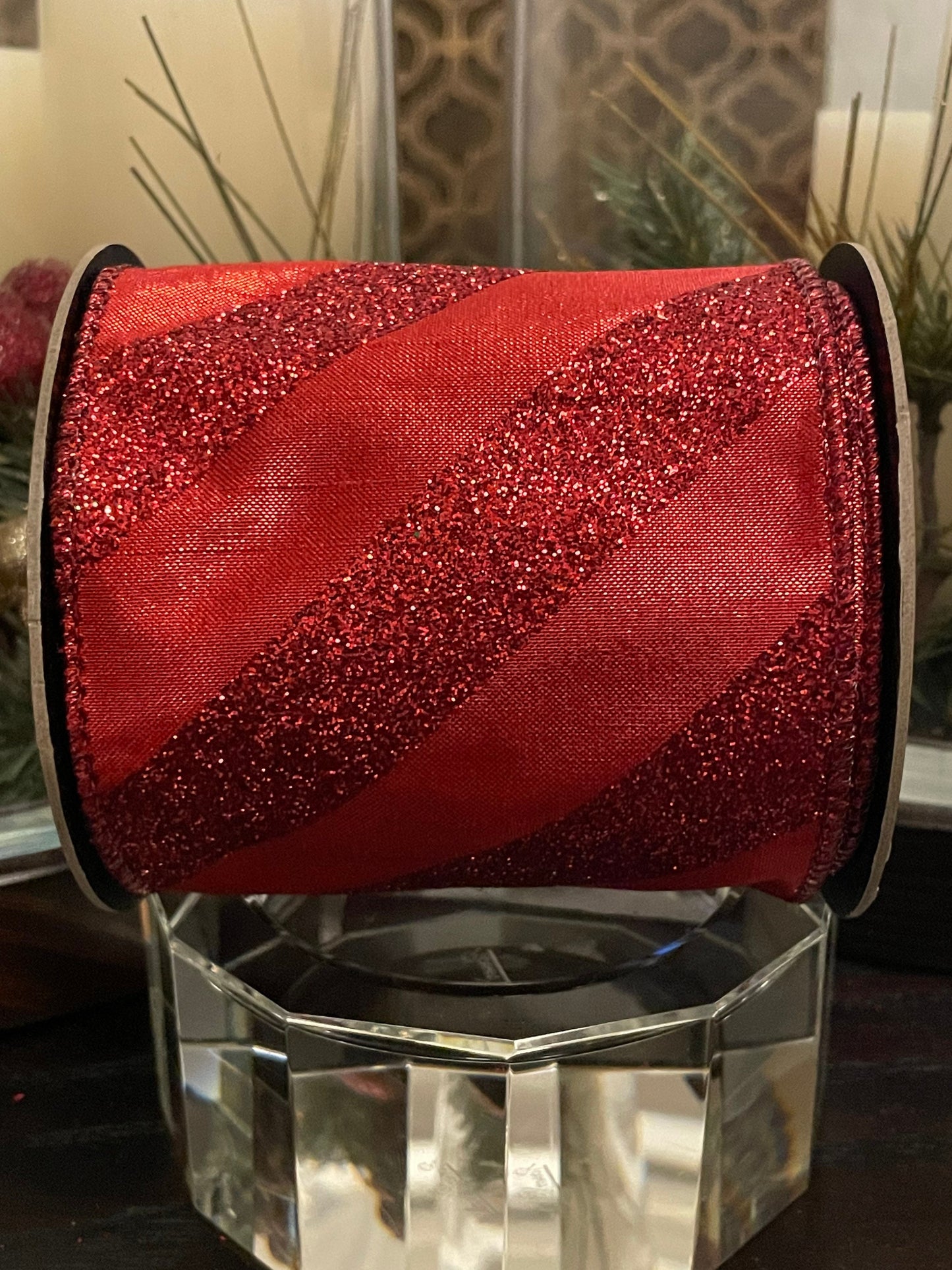 Designer glitter stripe red ribbon. 4”x 10 yards. Wired.*