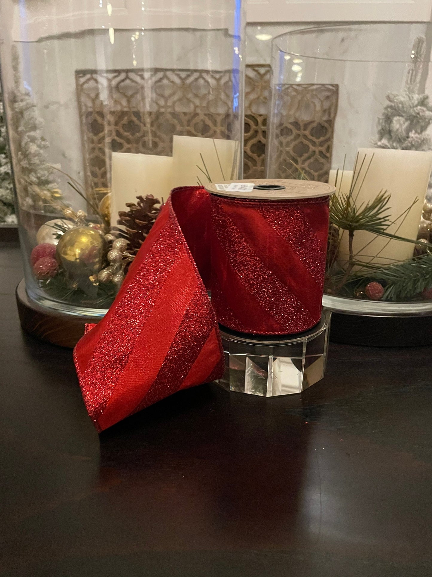 Designer glitter stripe red ribbon. 4”x 10 yards. Wired.*